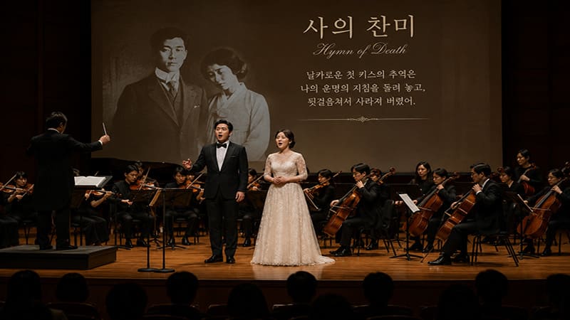 <img src="Hymn-of-Death–Classical-Memorial-Concert.jpg” alt=<무대 중앙에서 남녀 성악가가 애절한 감정을 담아 노래하는 장면”>