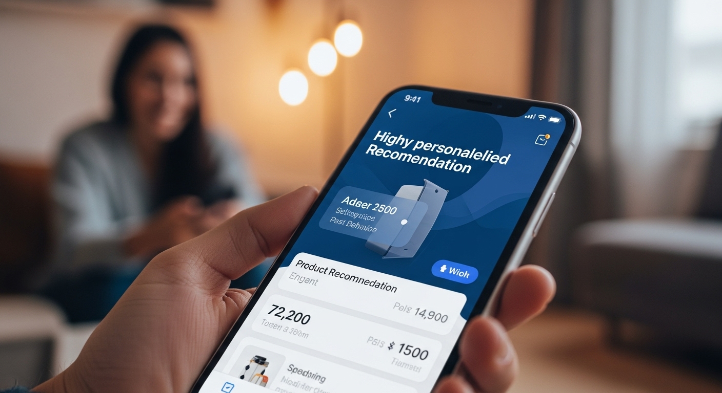 스마트폰 화면에 고객 구매 이력 기반의 초개인화된 상품 추천이 표시된 모습.