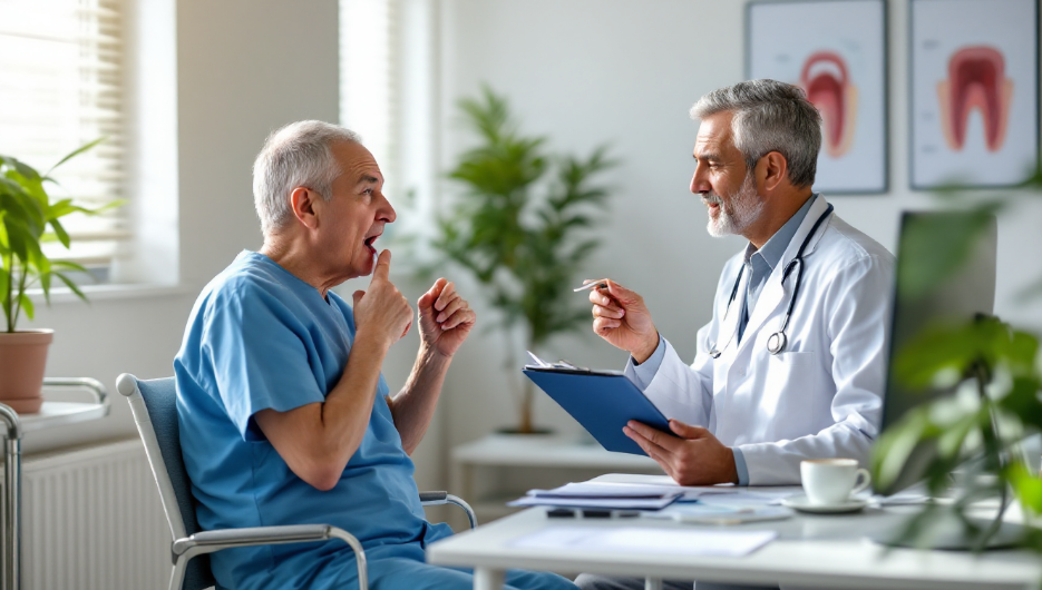 혀 통증과 합병증의 조기 진단과 치료를 위해 병원을 방문한 환자와 의사