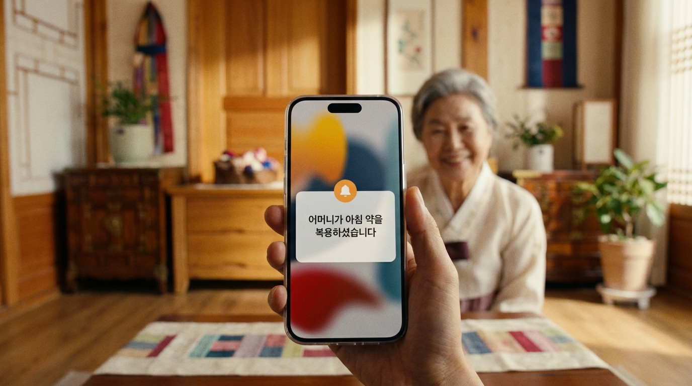 스마트폰 화면에 '어머니가 아침 약을 복용하셨습니다'라는 문자 알림이 떠 있는 장면