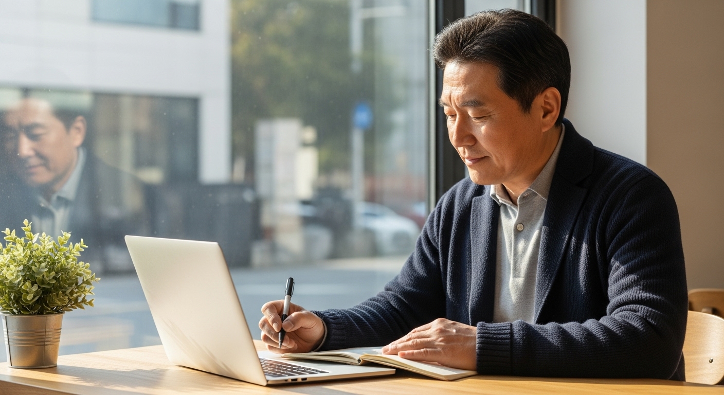 카페에서 아침 글쓰기를 실천하는 남성