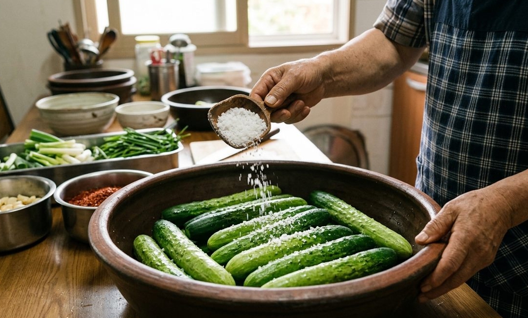 대야에 담긴 오이에 굵은소금을 뿌리는 과정