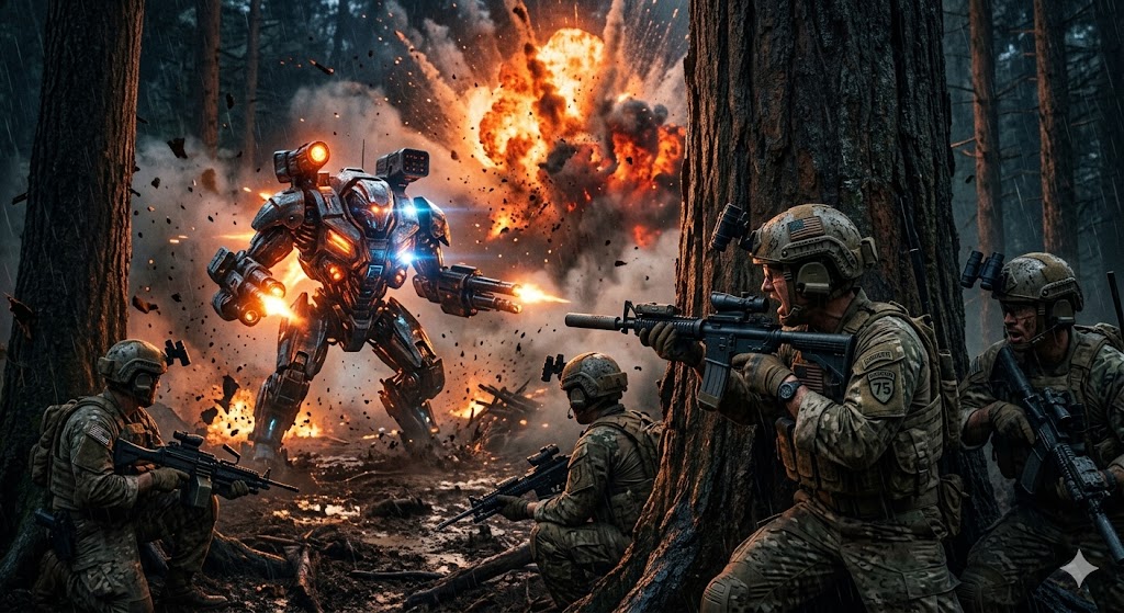 A massive explosion in a dense dark forest at night, mud and debris flying, heavily armed US Army Rangers taking cover behind giant tree trunks, facing an imposing robotic alien war machine.