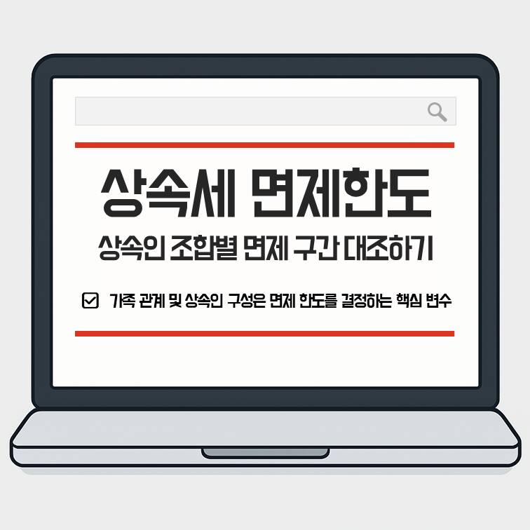 노트북 화면 속 상속세 면제한도 안내와 상속인 조합별 면제 구간 대조하기 문구가 적힌 썸네일 이미지