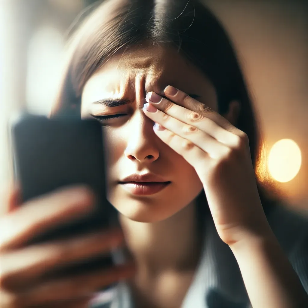 휴대폰 화면을 뚫어지게 보며 시야가 흐릿해진 사람의 클로즈업, 당뇨 초기 시야 흐림 증상