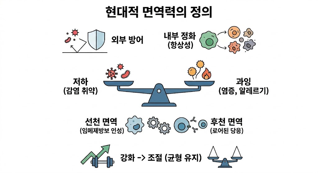 '현대적 면역력의 정의' 인포그래픽입니다. 외부 방어, 내부 정화와 함께 면역의 저하와 과잉 사이의 균형(조절)을 강조합니다. 하단에는 선천&middot;후천 면역 협력 시스템과, 과거의 '강화'에서 현대의 '조절(균형 유지)'로 면역 관리 개념이 변화했음을 보여줍니다.