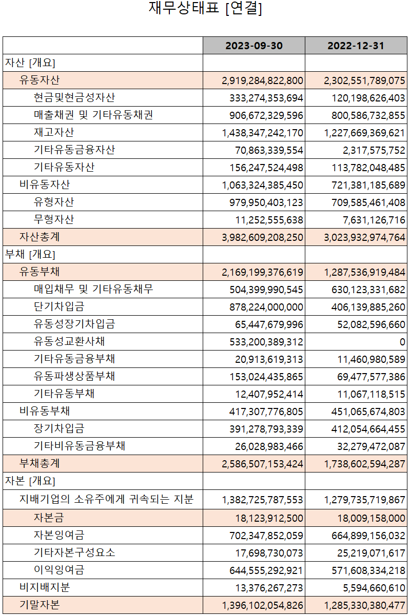 엘앤에프 - 재무상태표