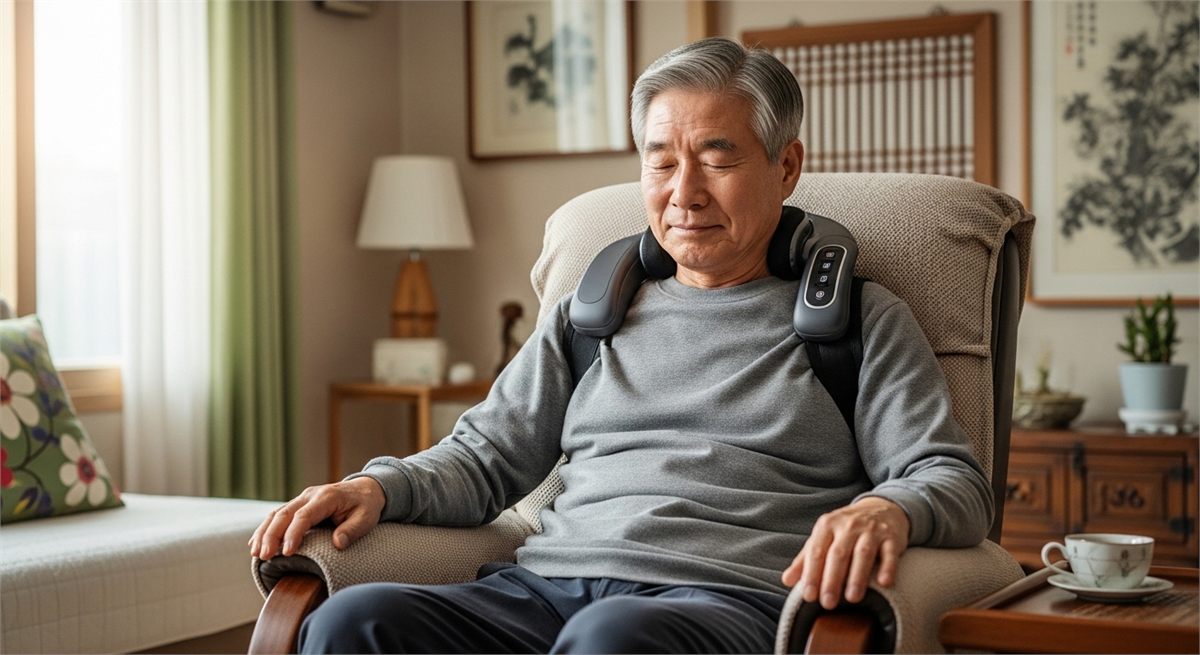 아버지가 집에서 어깨 마사지기를 사용하는 편안한 장면 