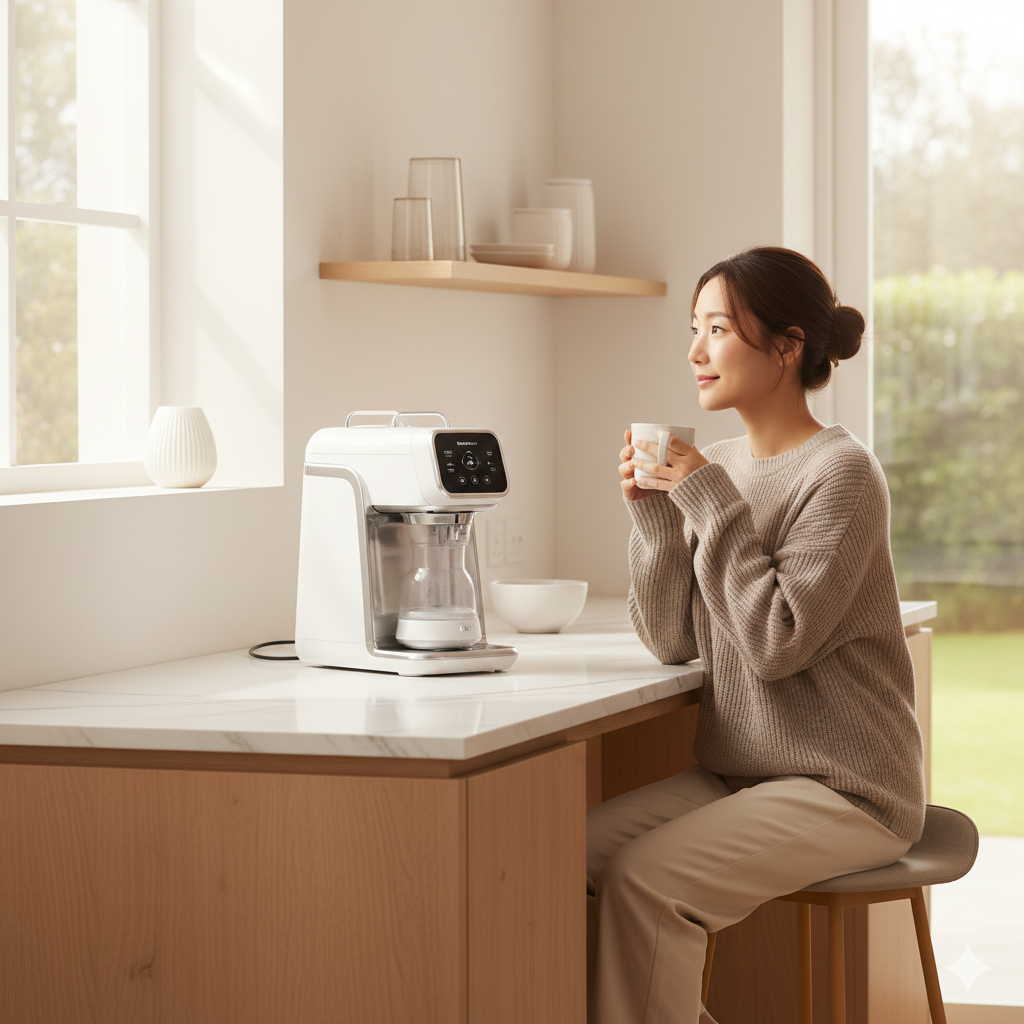 깔끔한 주방 인테리어에 배치된 베이비 브레자와 그 옆에서 여유롭게 커피를 마시는 엄마의 모습