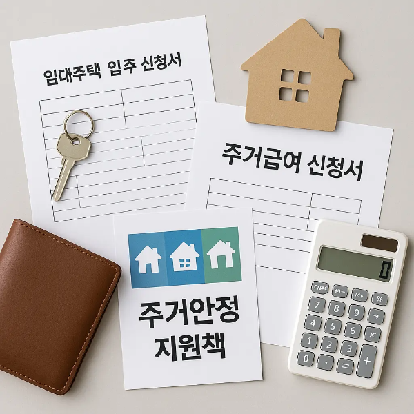 임대주택 입주 신청서, 주거급여 신청서, 주거안정 지원책 안내서, 집 모양 소품, 계산기, 지갑, 열쇠가 정돈된 사물 스튜디오컷 이미지