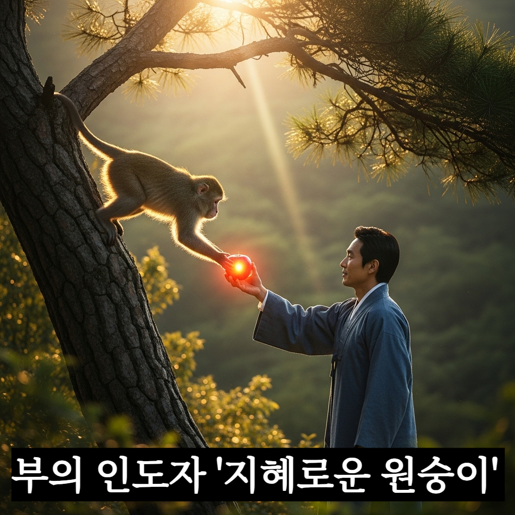 따스한 햇살이 비치는 숲속 나무 위에서 영리해 보이는 원숭이가 환하게 웃으며 한국인 남성에게 빨갛게 익은 사과를 건네주는 평화롭고 풍요로운 분위기의 일러스트