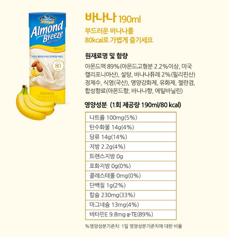 아몬드 브리즈 바나나 영양성분표