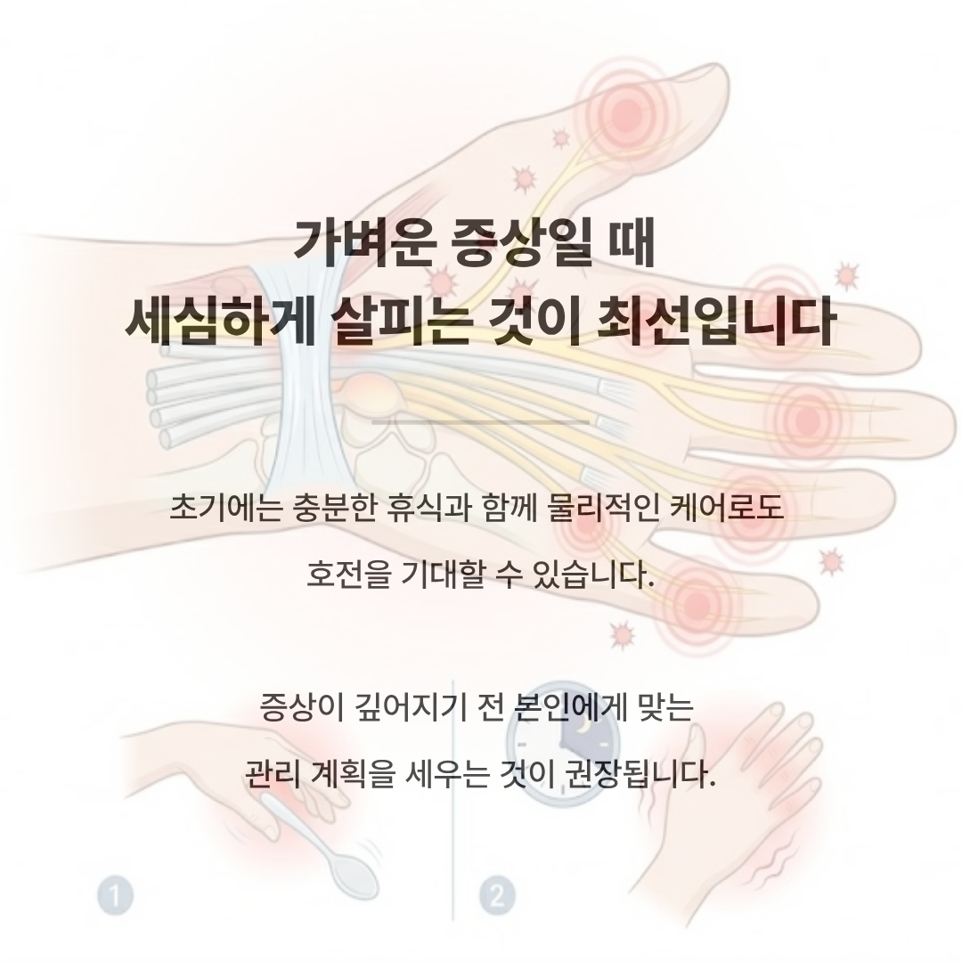 손목의 신경 압박 그래픽과 함께 관리의 중요성을 강조하는 이미지. '가벼운 증상일 때 세심하게 살피는 것이 최선입니다. 초기에는 충분한 휴식과 물리적인 케어로 호전을 기대할 수 있습니다'라는 문구.