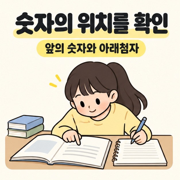 숫자의 위치를 확인 문구 아래 학생이 교재의 한 줄을 손가락으로 짚으며 노트에 답을 쓰는 모습