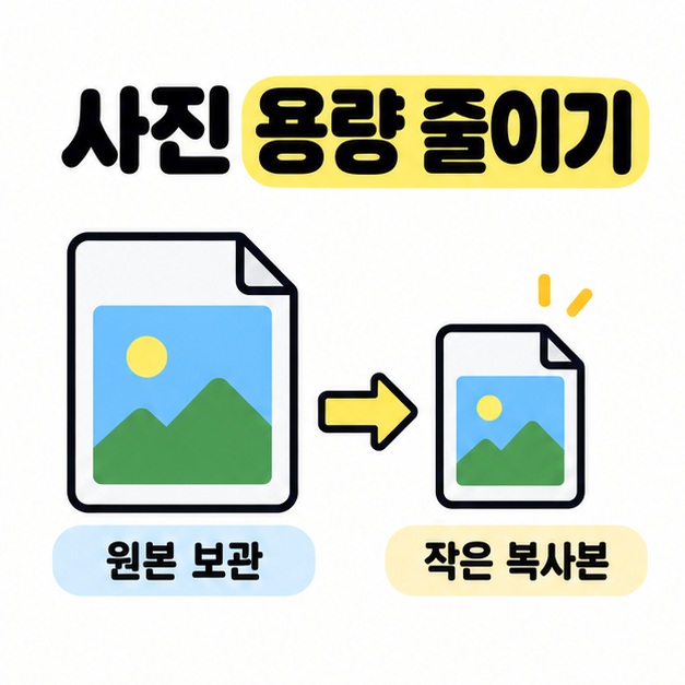 사진 용량 줄이기 제목 아래 원본 보관용 이미지 파일에서 작은 복사본 파일로 이어지는 과정을 풍경 그림과 화살표로 나타낸 이미지