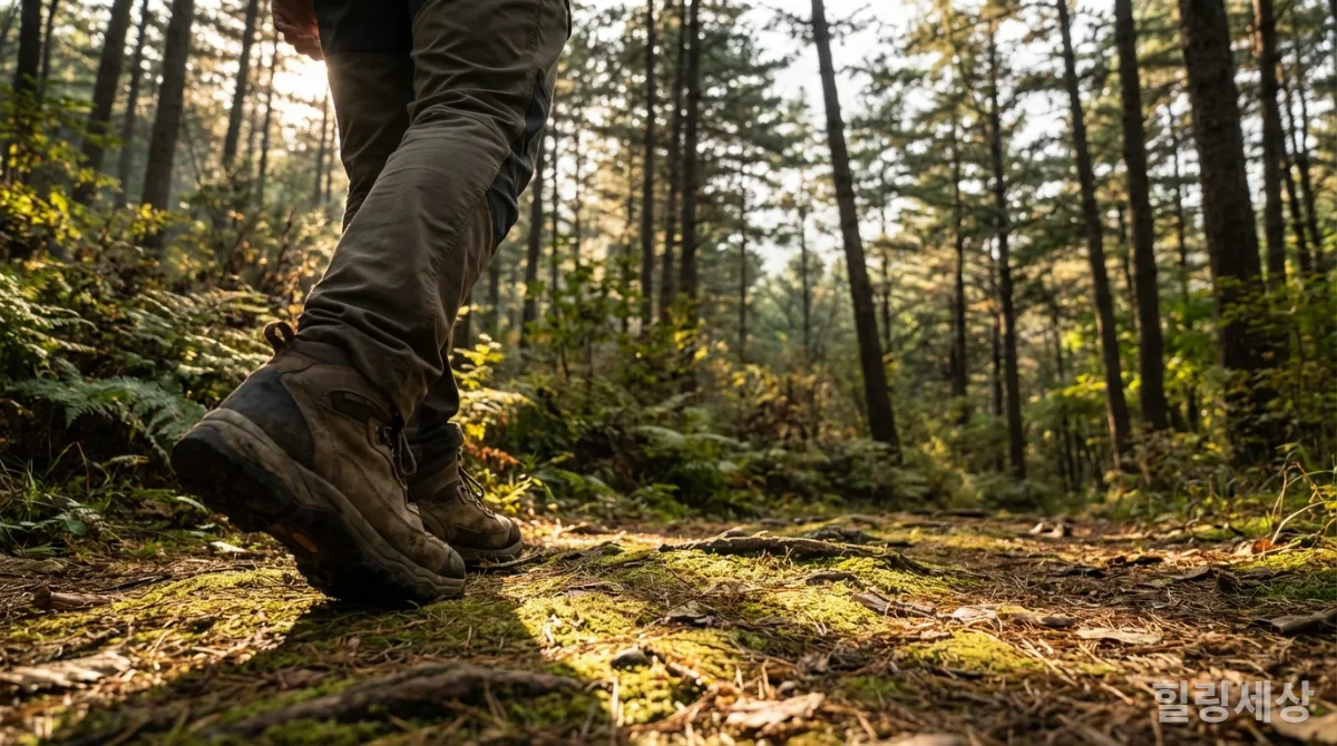 숲길을 걷는 사람의 발과 흙길