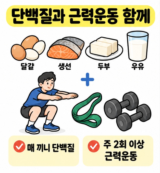 단백질 식사와 스쿼트, 밴드운동을 연결해 근육을 함께 늘리는 방법을 보여주는 카드