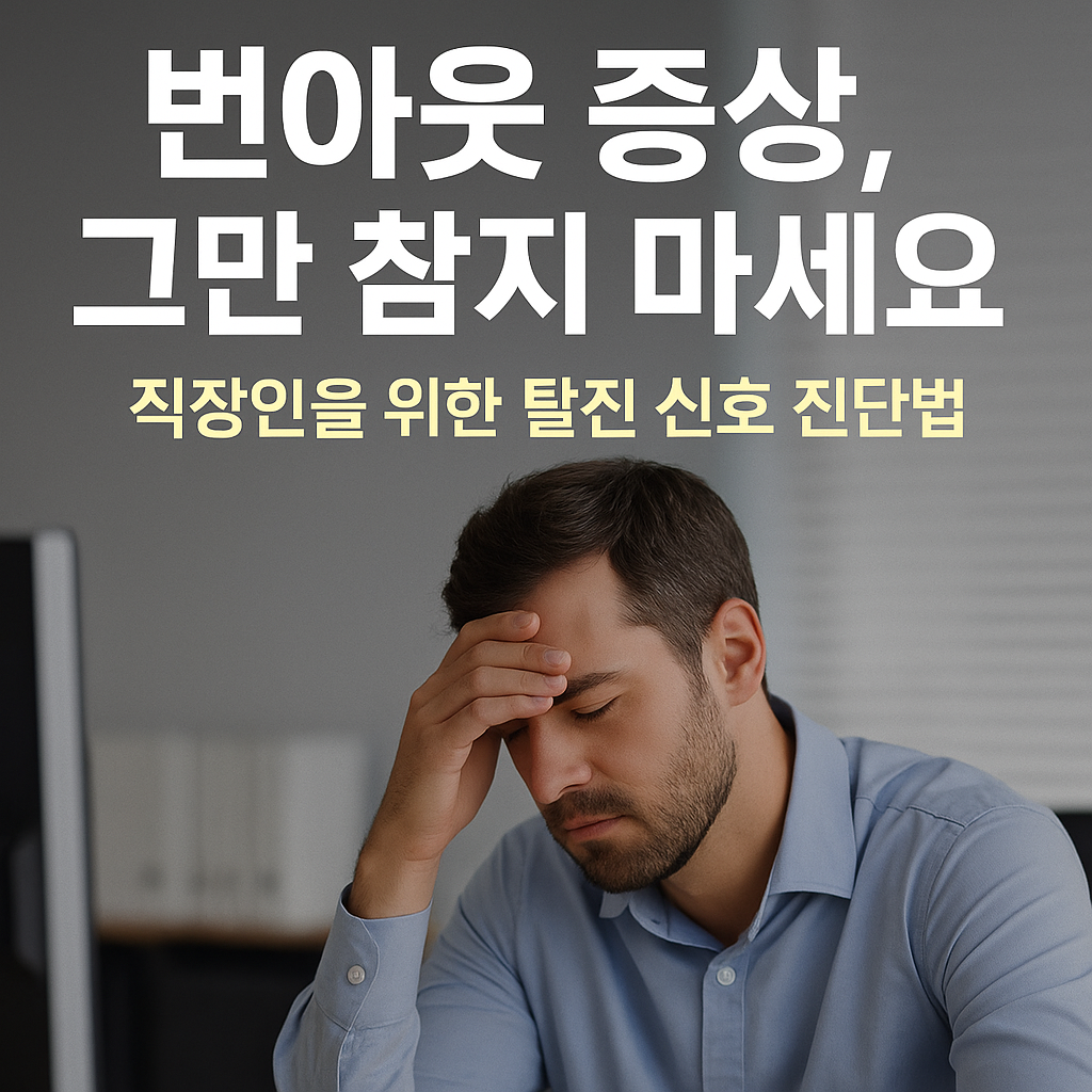 지친 표정의 직장인이 책상에서 고개를 감싸쥐고 있는 번아웃 상황 이미지