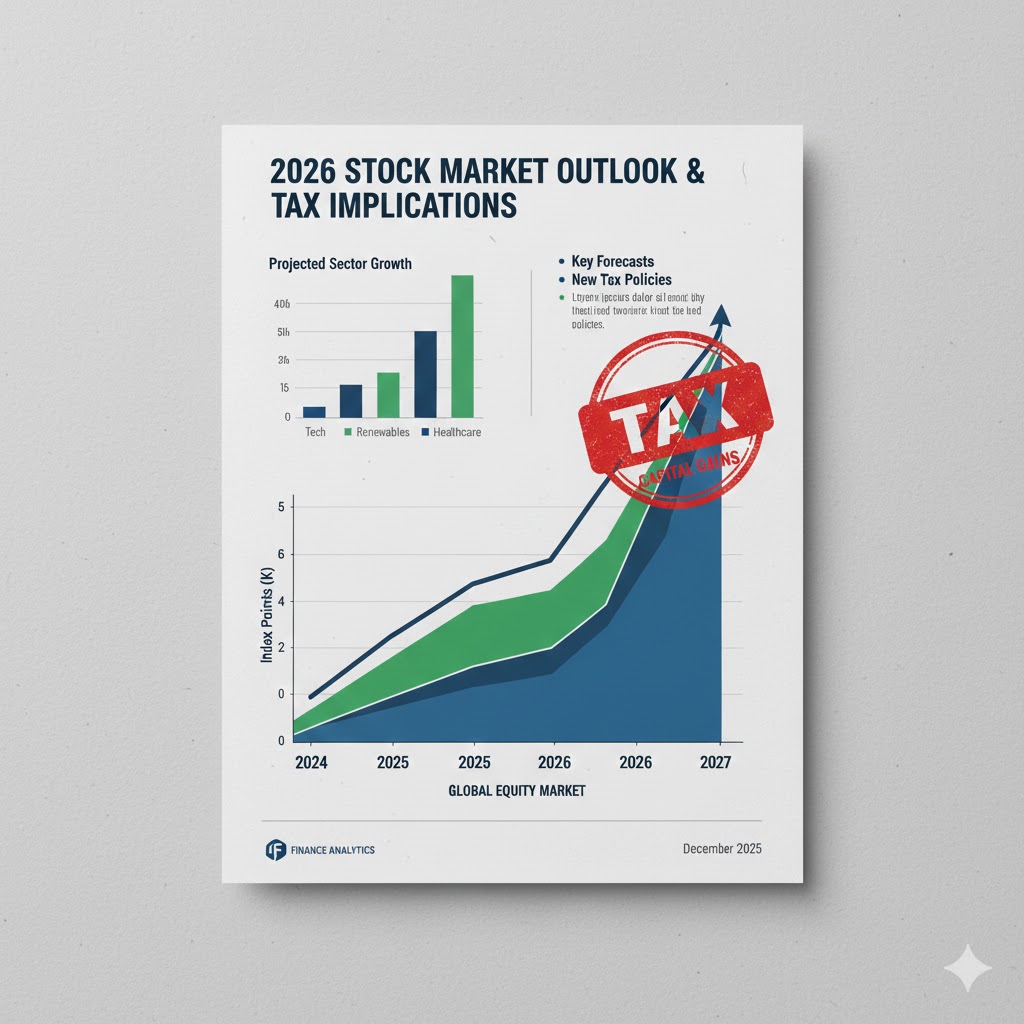 2026년 주식 시장 전망 그래프 위에 TAX(세금) 도장이 찍힌 인포그래픽)
