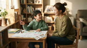 체험학습을 떠올리며 부모와 이야기를 나누는 초등 저학년 아이