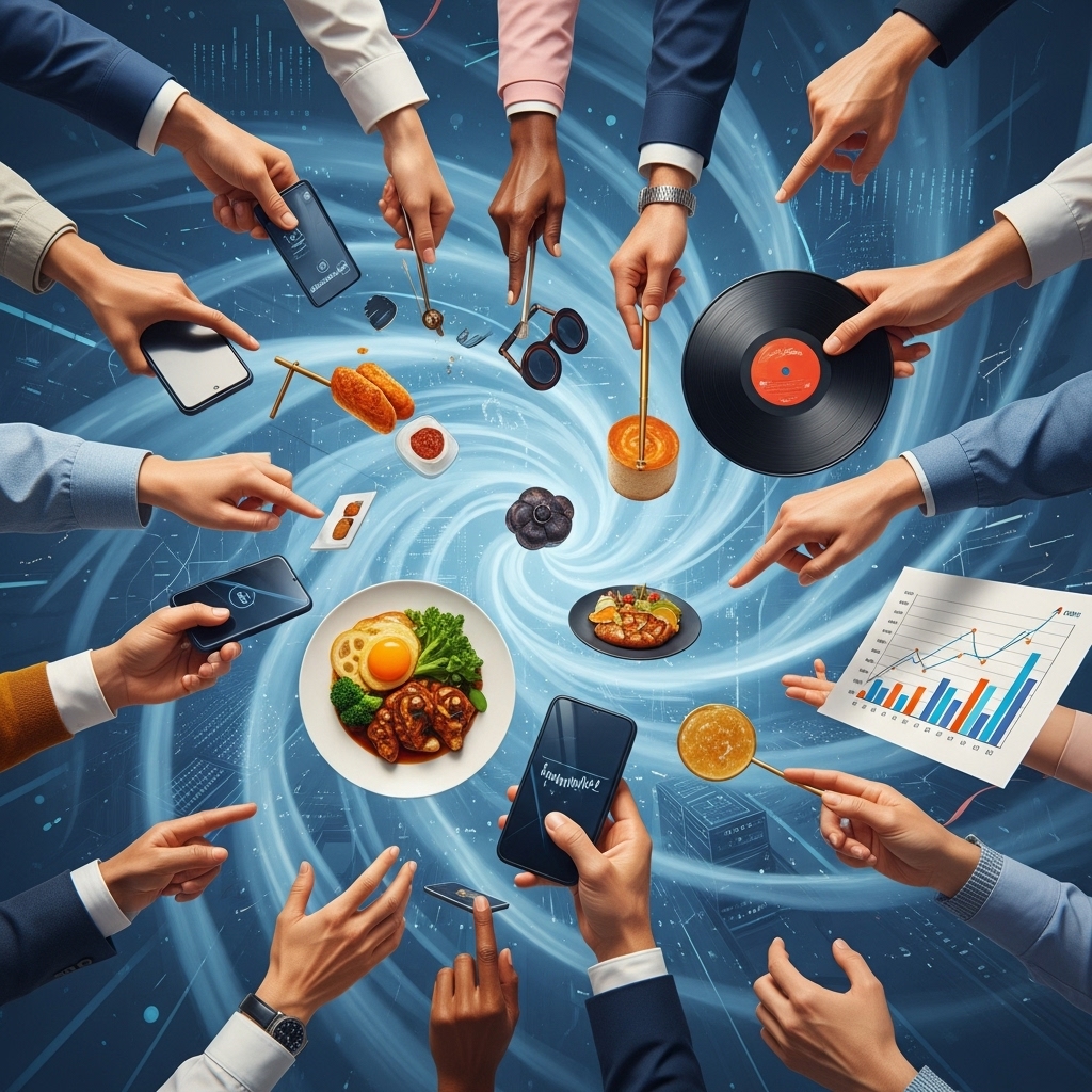 나이, 성별, 세대를 초월하여 다양한 취향을 탐색하는 2025년 옴니보어 소비자의 모습을 추상적으로 표현한 이미지. 다양한 손들이 스마트폰, 빈티지 레코드, 미식 요리 등 여러 물건을 향해 뻗어 있으며, 소비 경계의 허물어짐을 상징합니다.