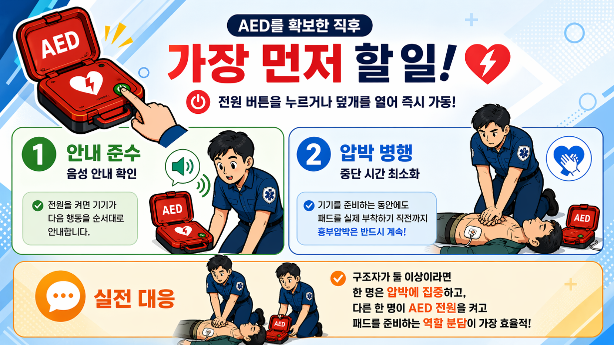 AED를 확보한 직후 가장 먼저 해야 할 행동과 압박 병행 원칙 안내 이미지