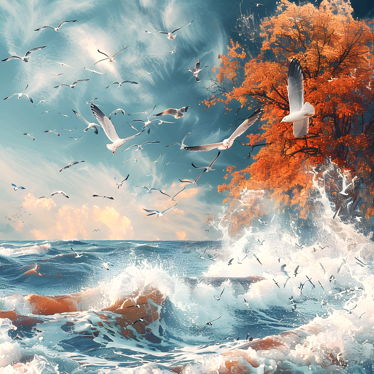 파도위를 자유로이 비행하는 갈매기들 이미지