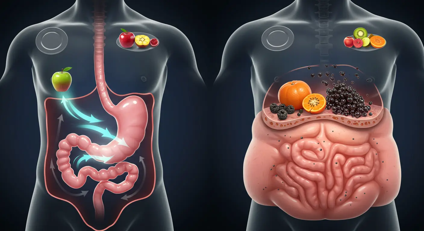 빈속과 포만감 상태에서 과일 섭취 시 소화과정을 비교한 인체 단면도 - 왼쪽은 빈속에서 과일이 깨끗한 에너지로 전환되는 모습, 오른쪽은 포만한 상태에서 과일이 발효되어 가스를 생성하고 복부에 지방이 축적되는 모습을 3D 렌더링으로 표현