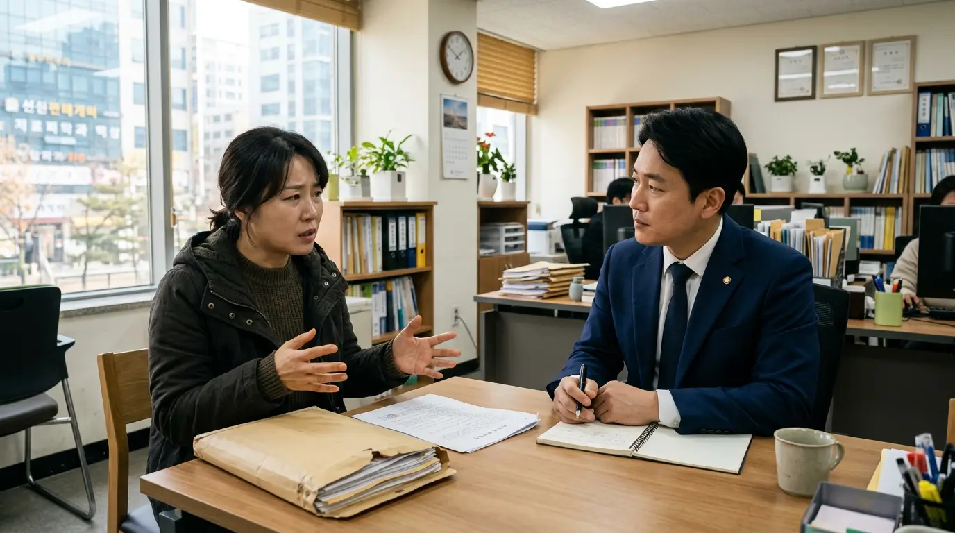 한국의 무료 법률 구조 공단 상담실 내부에서 40대 여성 세입자가 변호사에게 억 단위의 전세 계약서를 보여주며 다급하게 구제 상담을 받는 컷