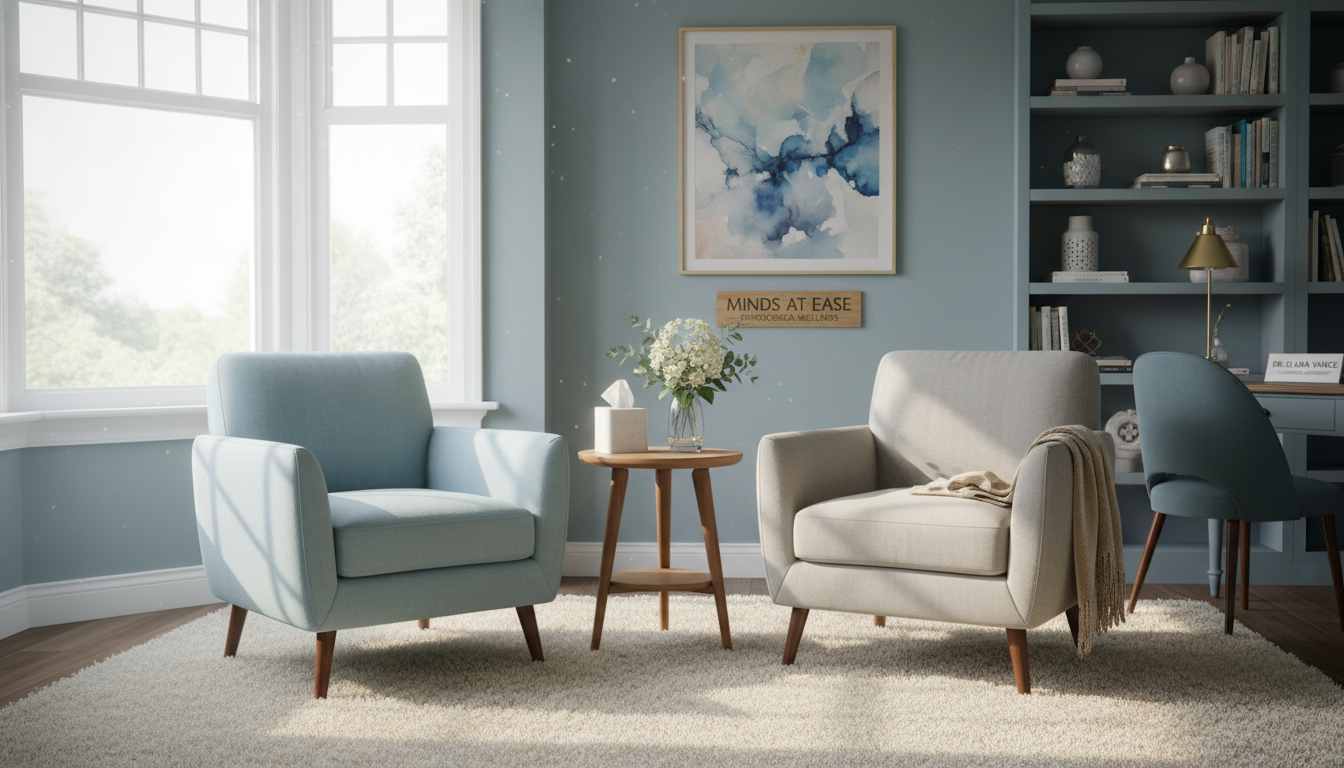 안정감과 위로를 주는 블루 그레이 톤의 아늑한 심리상담실 내부 인테리어