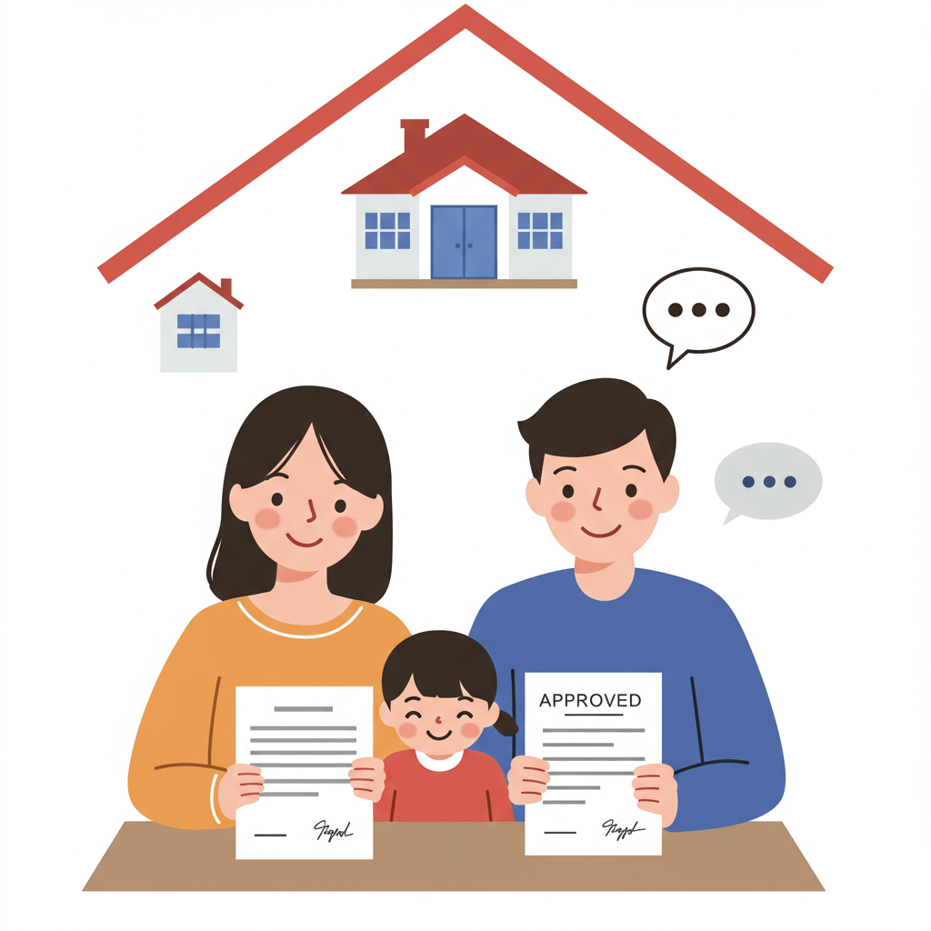 가족이 승인 서류를 들고 집에서 함께 기뻐하는 장면 1