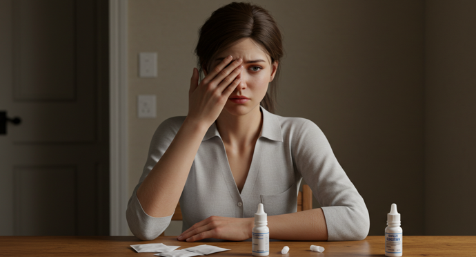 눈병이 나서 안약 및 안대 처리를 하려고 하는 여인의 모습