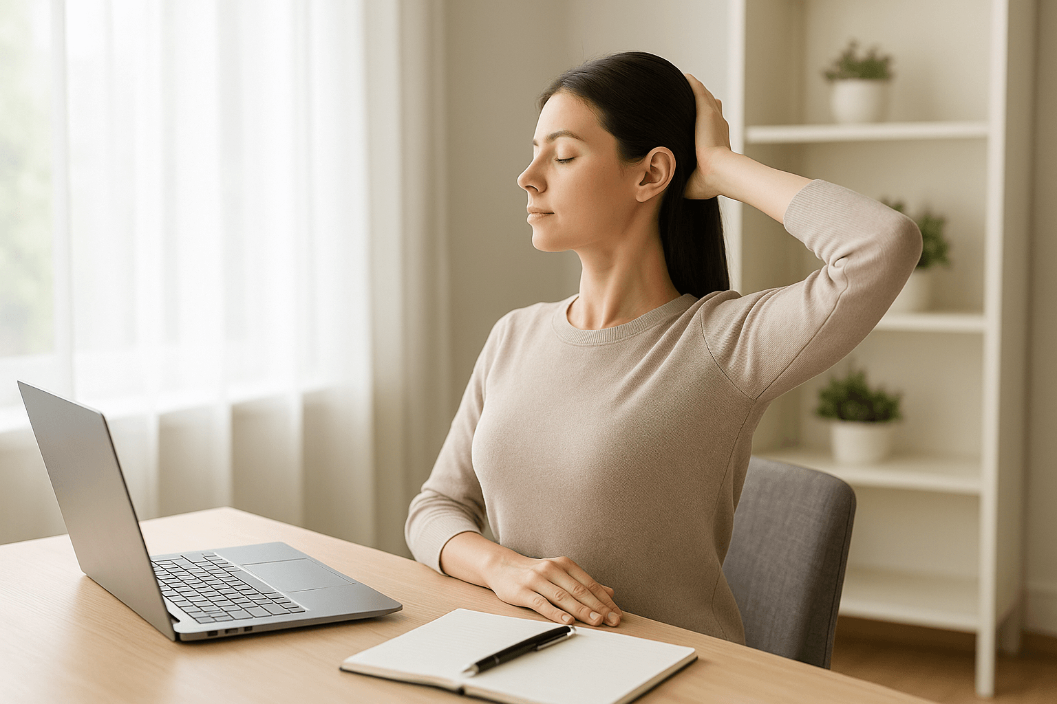 책상 앞에서 등을 곧게 펴고 목을 당기는 여성의 모습(출처**자체제작)