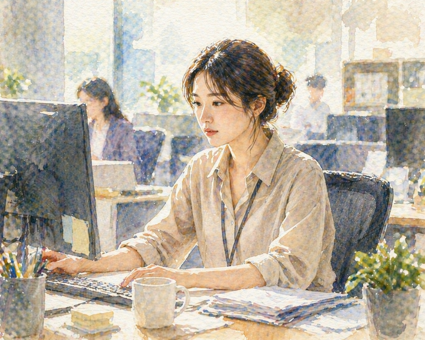 밝은 사무실에서 차분하게 업무에 집중하는 여성의 수채화 일러스트, 직장 속에서도 안정적으로 자신의 역할에 몰입하는 상태를 표현한 이미지