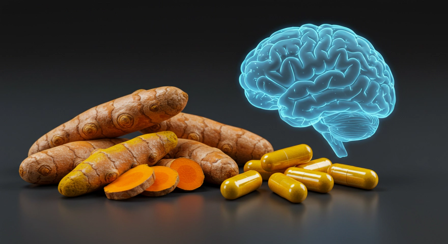 두뇌와 기억력을 상징하는 일러스트와 강황 이미지