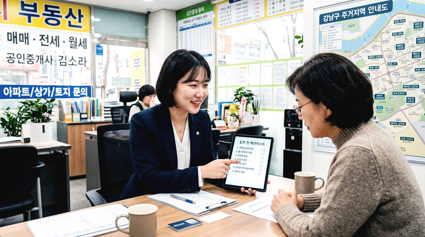 한국 부동산 사무실에서 태블릿 PC로 체크리스트를 설명하는 여성 공인중개사의 모습
