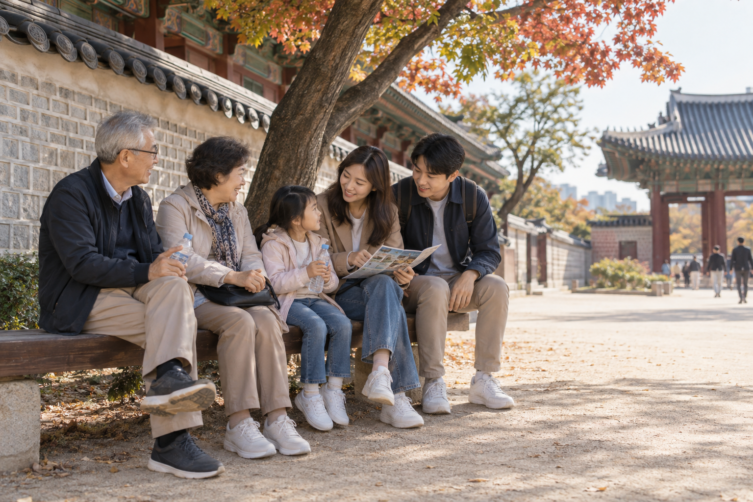 3세대 가족이 궁궐 밤문 중 그늘의 벤치에서 쉬며 다음 동선을 정하는 모습