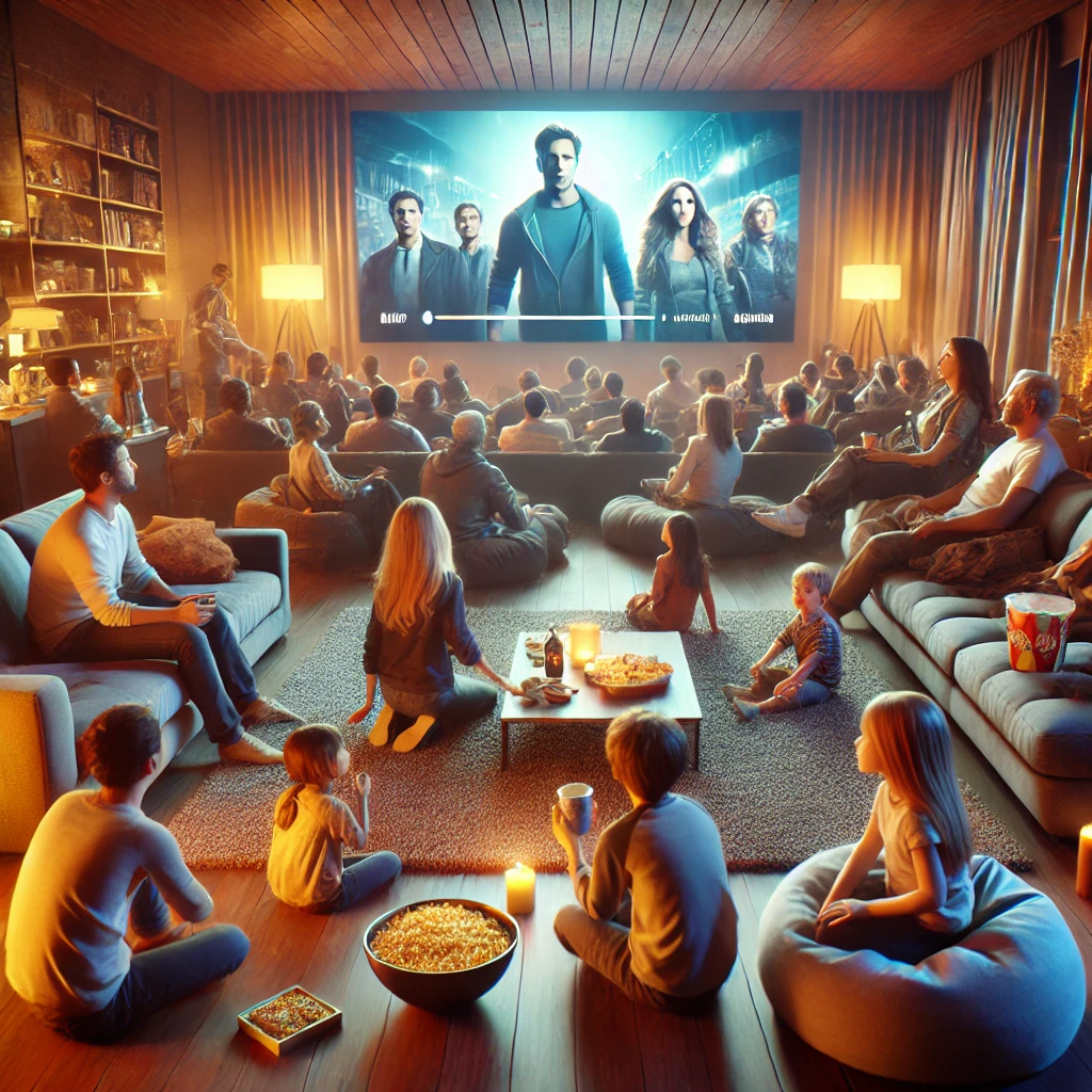 친구와 가족이 모여 큰 TV로 OTT 프로그램을 시청하며 스낵을 먹고 즐거운 시간을 보내고 있다.
