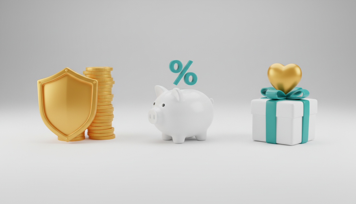 ISA 및 연금저축 절세 혜택을 상징하는 방패와 코인, 돼지저금통, 선물 상자 3D 아이콘
