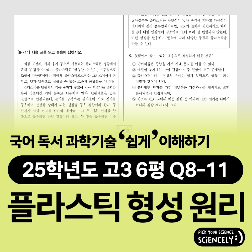국어 독서 과학기술, 국어 비문학 과학기술, 25학년도 고3 6평 Q8-11, 플라스틱 형성 원리, 고분자 화합물, 에틸렌 중합 과정