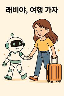 로봇과 함께 여행가느 중 손을 잡았고 캐리어를 끌고 있는 긴머리 여성