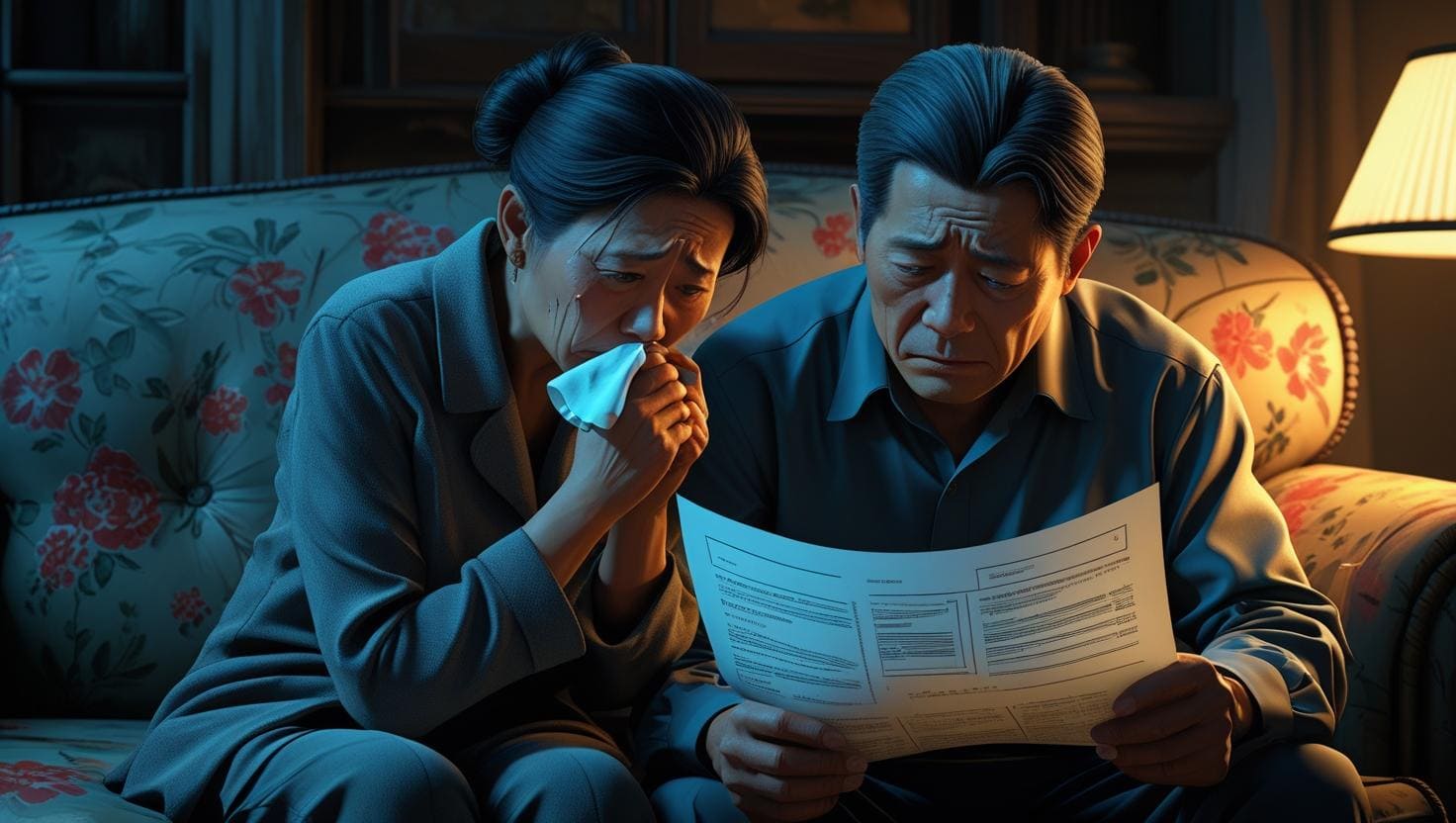 걱정스러운 표정으로 보증서류를 들여다보는 노부부, 보증 미가입으로 인한 위험을 암시