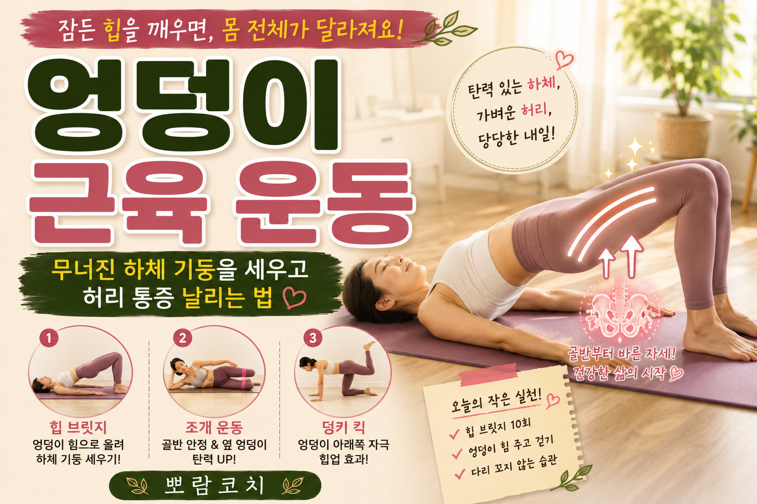 따스한 햇살이 드는 거실에서 요가 매트 위에 누워 차분하게 힙 브릿지 동작을 하고 있는 모습