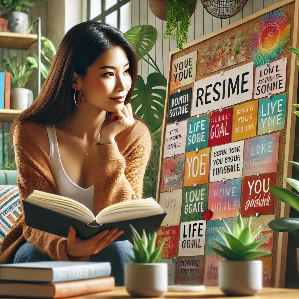 30대 한국 여성이 아늑한 현대식 거실에서 다채로운 비전보드를 검토하며 긍정적인 다짐과 삶의 목표를 살펴보는 모습, 영감을 주는 책들과 식물이 주변에 배치되어 있고, 얼굴에는 희망과 결단력이 드러남