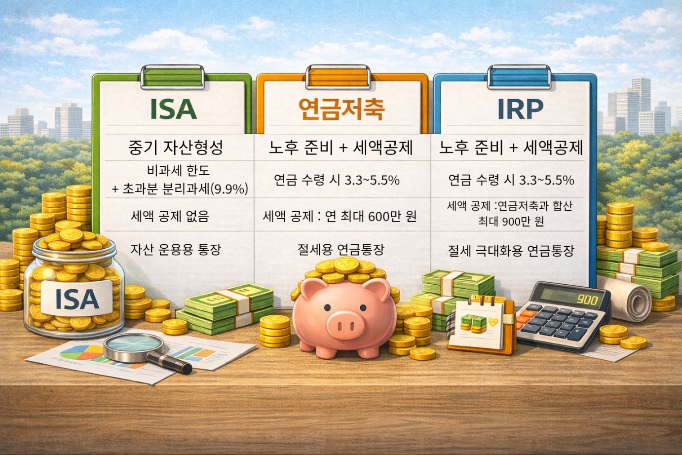 ISA, 연금저축, IRP의 목적과 세금 구조, 세액공제 한도를 한눈에 비교한 절세 계좌 구조 설명 인포그래픽