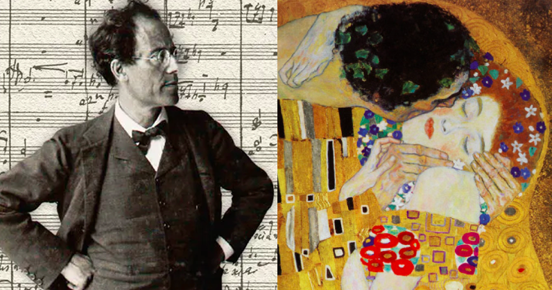 왼쪽: 구스타브 말러, 오른쪽: 구스타브 클림트의 키스 작품.