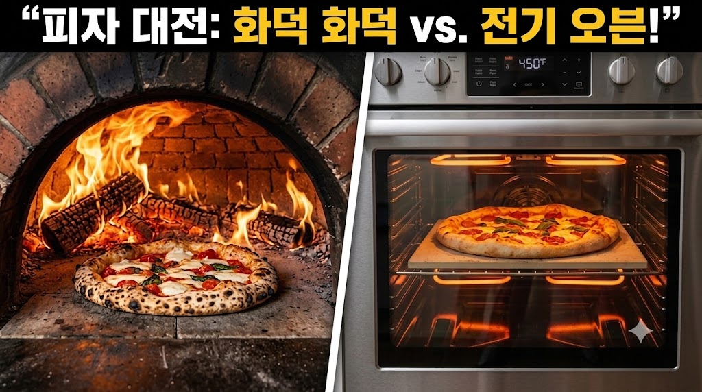 고온의 참나무 장작 화덕 내부에서 구워지는 피자와 현대식 전기 오븐 피자의 외관 비교