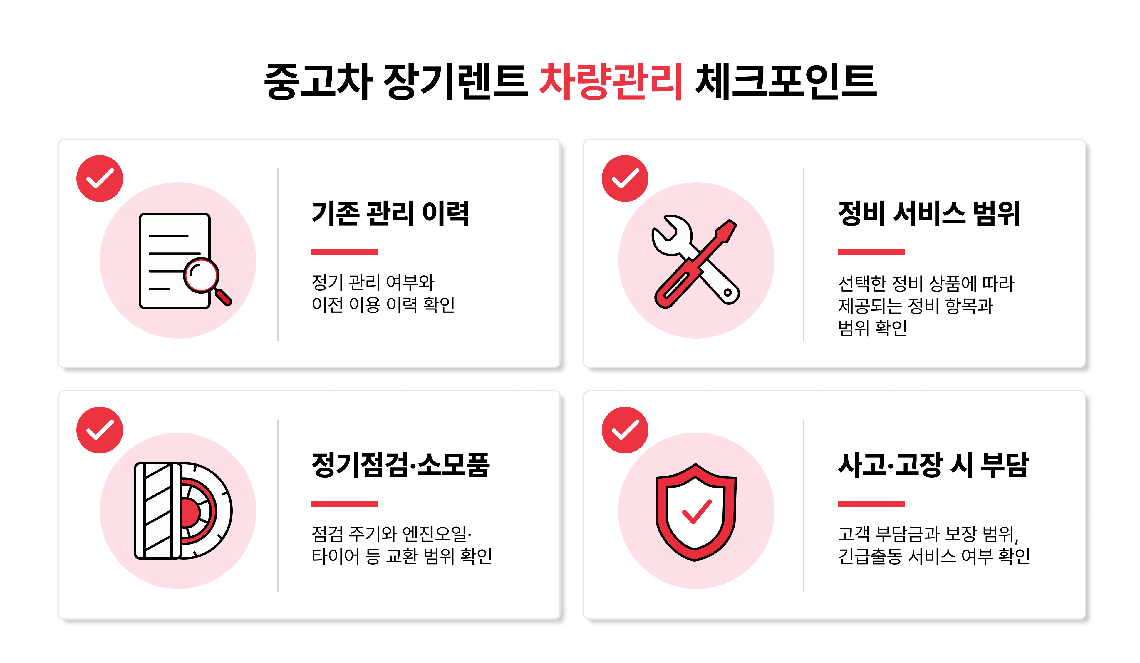 중고차 장기렌트 차량관리 시 확인할 관리 이력, 정비 서비스, 소모품 교체, 사고·고장 비용