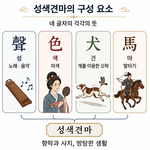 성은 노래와 음악, 색은 미색, 견은 개를 이용한 오락, 마는 말타기를 뜻하는 聲色犬馬의 한자 구성을 설명한 이미지