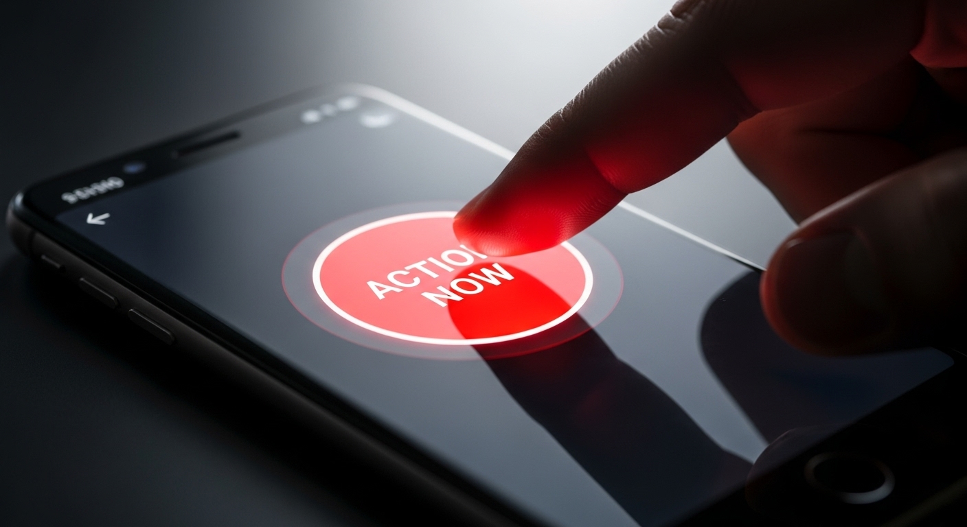 "ACTION NOW" 버튼을 클릭하는 손가락